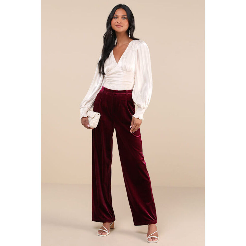 Lulus Posh Idea Plum Velvet High-rise Straight Leg Trouser Pants Purple - Size M